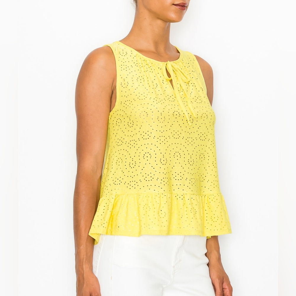 W5 Concepts Bright Yellow Moroccan Eyelet Sleeveless Peplum Top size S